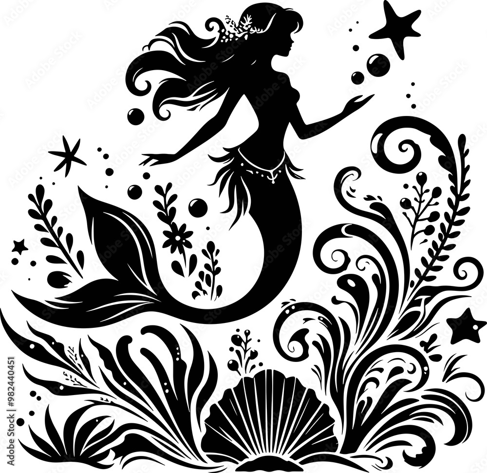 Fototapeta premium Minimalist Mermaid Silhouette on Stone - Marine-Themed Illustration. Generated With AI