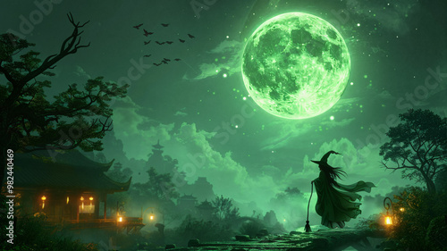 A silhouetted witch standing on a bridge under a glowing green full moon, surrounded by mystical trees, flying bats, and lantern-lit buildings in a serene, fantasy landscape