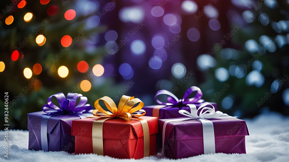 A purple gift wrapped in white snow with a red ribbon. A purple gift wrapped in white snow with a red ribbon.