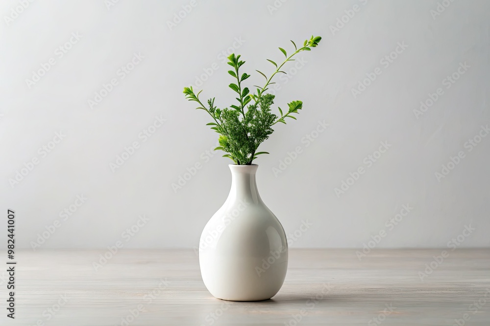 A small, delicate white ceramic vase holds a single stem of greenery, its sleek, minimalistic design exuding elegance and subtle charm. A small, delicate white ceramic vase holds a single stem of greenery, its sleek, minimalistic design exuding elegance and subtle charm.