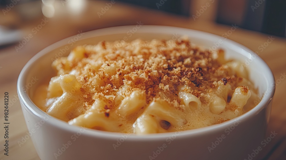 A comforting bowl of American mac and cheese, oozing with melted cheddar and topped with breadcrumbs. A comforting bowl of American mac and cheese, oozing with melted cheddar and topped with breadcrumbs.