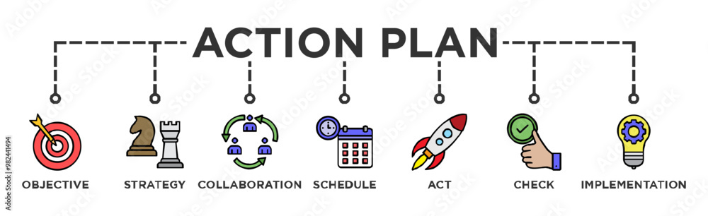 Action plan banner web icon vector illustration concept with icon of objective, strategy, collaboration, schedule, act, launch, check, and implementation Action plan banner web icon vector illustration concept with icon of objective, strategy, collaboration, schedule, act, launch, check, and implementation