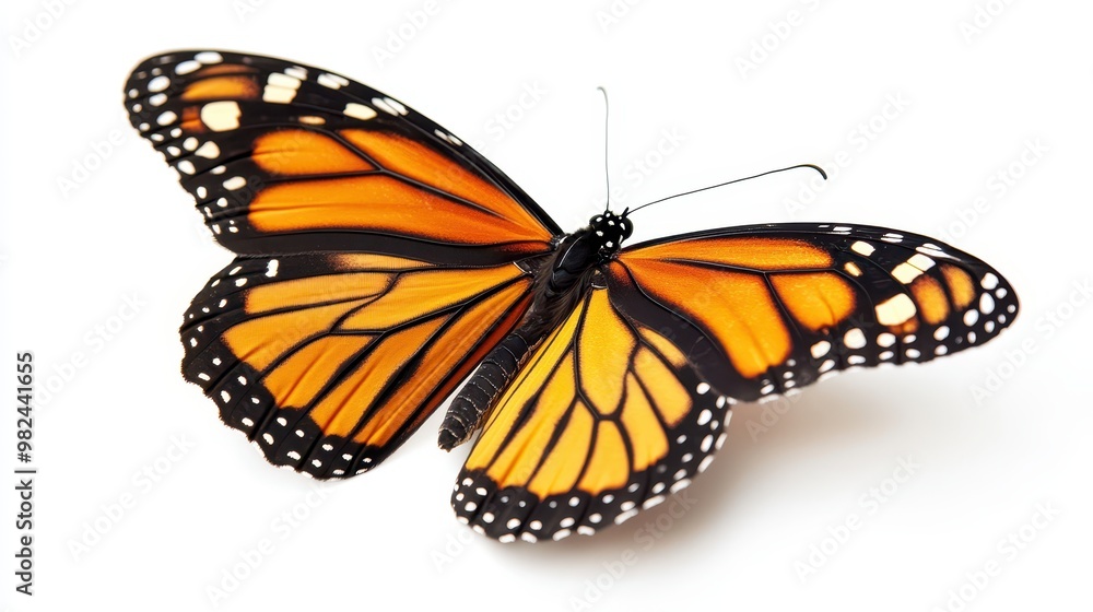 Fototapeta premium Detailed shot of a monarch butterfly perched on an invisible surface, wings fully spread, isolated on white