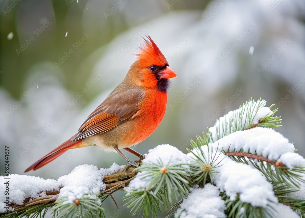 A solitary white cardinal perches on a bare branch, its vibrant plumage a stark contrast to the serene snow-covered pine trees behind. A solitary white cardinal perches on a bare branch, its vibrant plumage a stark contrast to the serene snow-covered pine trees behind.