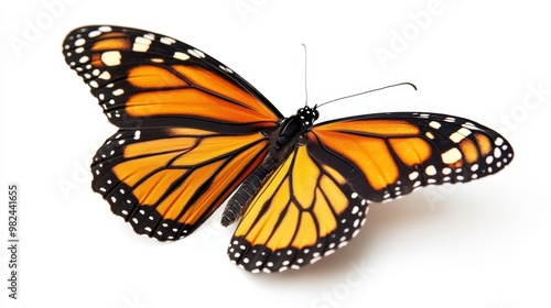 Detailed shot of a monarch butterfly perched on an invisible surface, wings fully spread, isolated on white