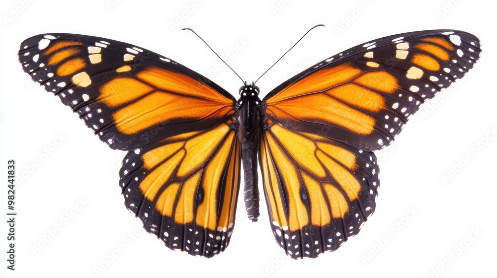 Fototapeta premium Detailed shot of a monarch butterfly perched on an invisible surface, wings fully spread, isolated on white