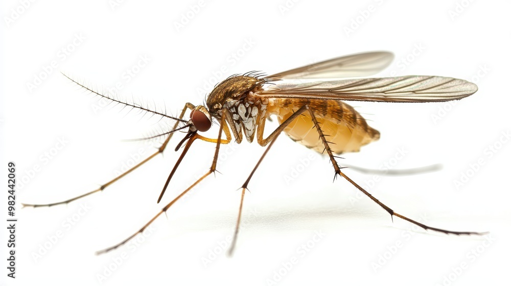 Detailed shot of a mosquito landing with clear wing detail and legs extended, set against a clean white backdrop Detailed shot of a mosquito landing with clear wing detail and legs extended, set against a clean white backdrop