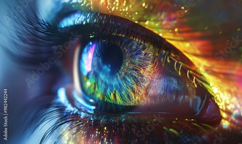 A detailed view of a multicolored iris with futuristic light effects and vibrant details. photo