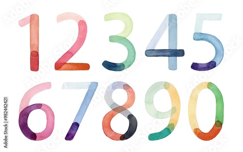 Vibrant hand-painted watercolor numbers 0-9 with soft gradients and transparent layers. Ideal for creative projects and educational materials, featuring a colorful, artistic, and modern style.