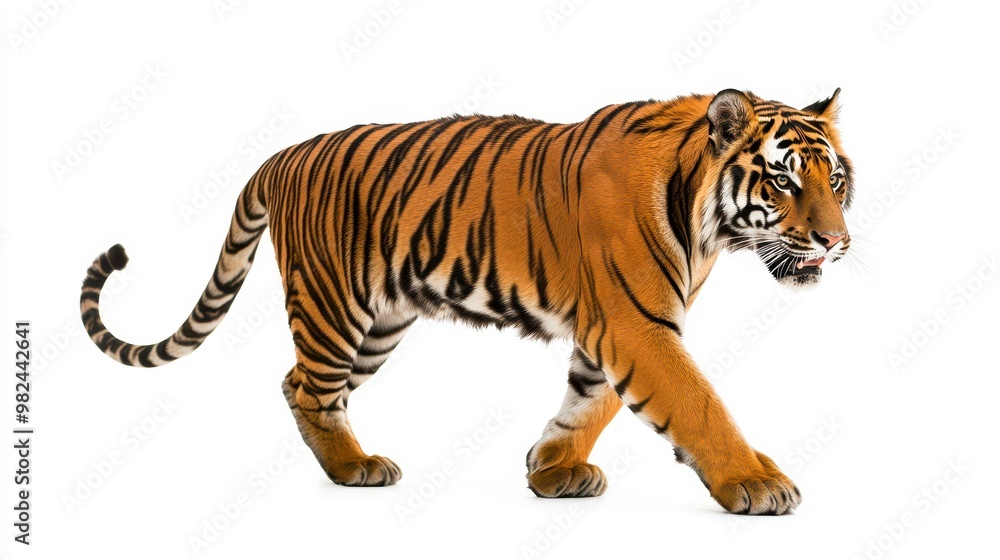 Obraz premium Elegant Bengal tiger walking forward with striking stripes, sharp gaze, and poised stance, isolated on a white background