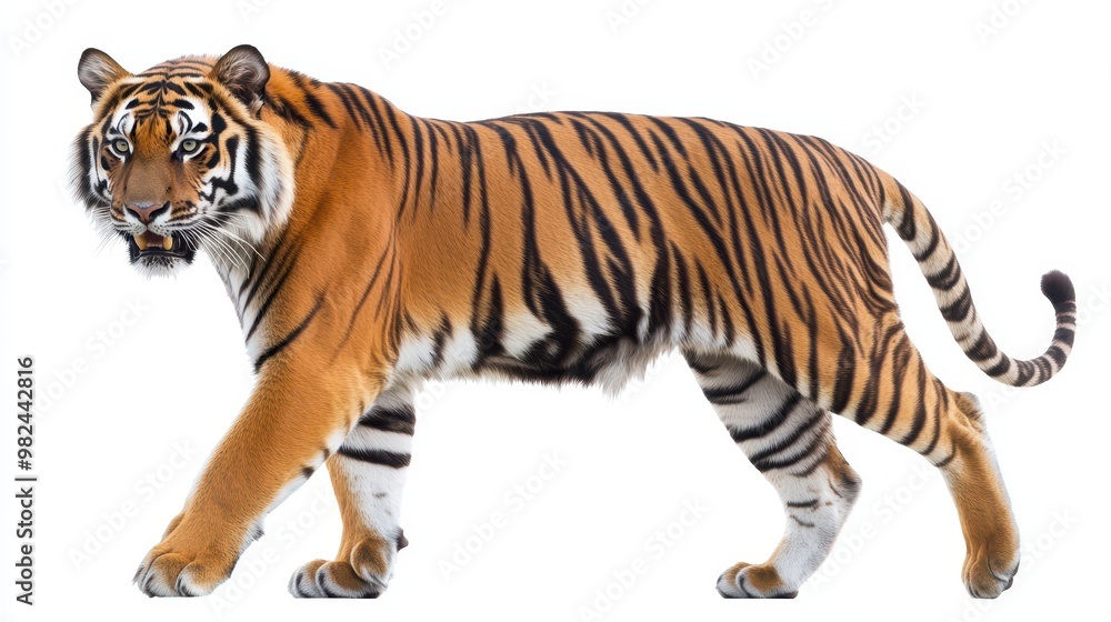 Obraz premium Elegant Bengal tiger walking forward with striking stripes, sharp gaze, and poised stance, isolated on a white background