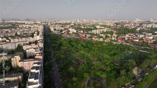 Bucharest 4K video from above. Aerial video with the landscape of Crangasi Park next to Morii Lake (Lacul Morii in Romanian) during a beautiful summer day. Travel to Bucharest. photo