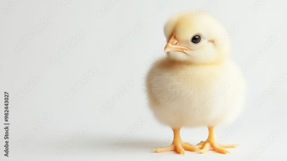 Obraz premium Fluffy baby chick standing on tiny legs, with soft yellow feathers, on a white background