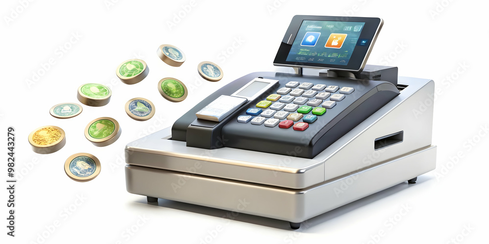 Levitating Cash Register Surrounded by Payment Icons - Ideal Photo for Retail and E-Commerce Payment Processing and Secure Transactions Levitating Cash Register Surrounded by Payment Icons - Ideal Photo for Retail and E-Commerce Payment Processing and Secure Transactions