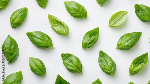 Fresh basil leaves, neatly arranged in rows, vibrant green on white background