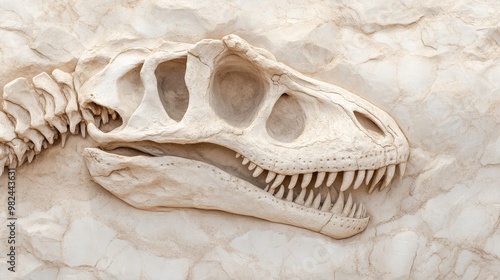 A fossilized dinosaur skull is on display photo