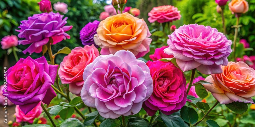 A symphony of color erupts from seven rose bushes, each one bursting forth with multiple blooms in a kaleidoscope of pink and purple hues. A symphony of color erupts from seven rose bushes, each one bursting forth with multiple blooms in a kaleidoscope of pink and purple hues.