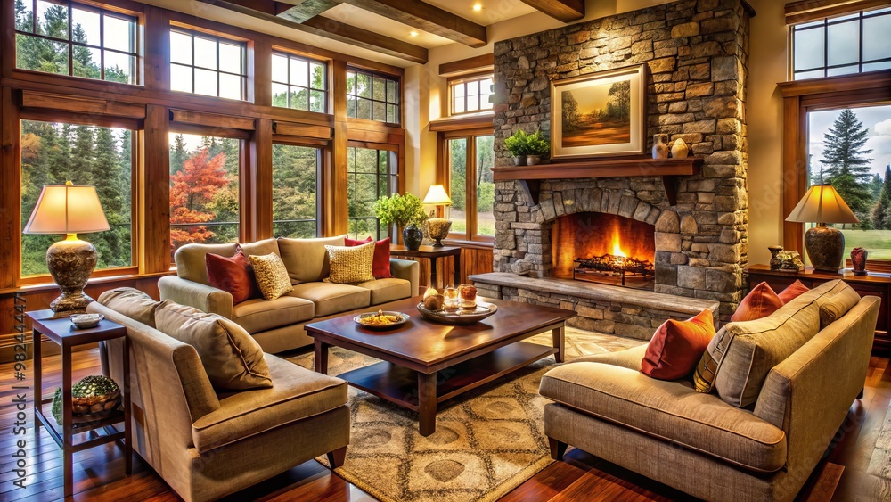 A warm and welcoming living room boasts a substantial stone fireplace, exuding coziness and inviting all to gather A warm and welcoming living room boasts a substantial stone fireplace, exuding coziness and inviting all to gather