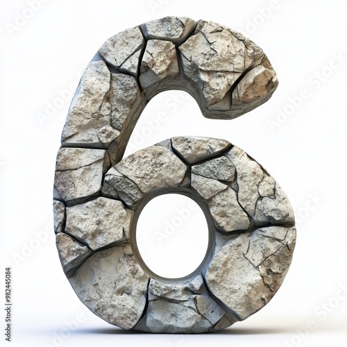 3D number 6 with stone texture realistic modern design, soft lighting, white background.