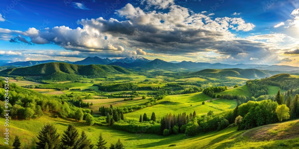 A vast expanse of greenery stretches out, rolling hills undulating beneath, while distant mountains rise majestically against a brilliant blue sky. A vast expanse of greenery stretches out, rolling hills undulating beneath, while distant mountains rise majestically against a brilliant blue sky.