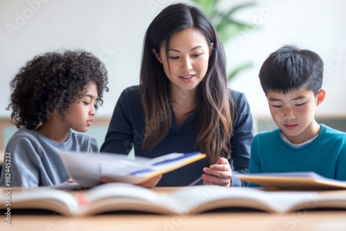 Teacher helping two diverse children with reading
Asian teacher guiding two children, one Asian and one African American, with reading in a classroom, engaging them in a learning activity.
