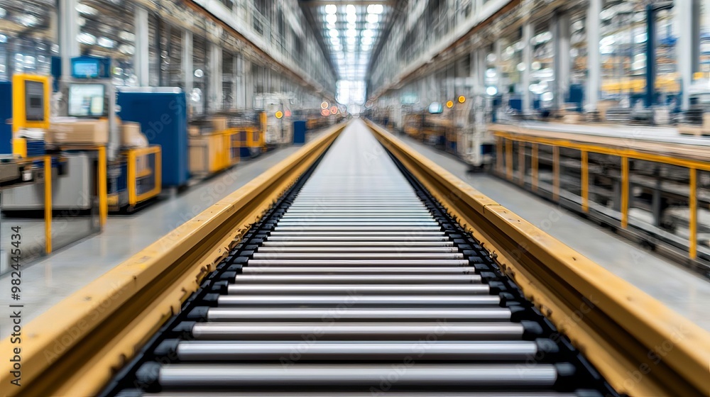 Wide shot of a manufacturing assembly line, automated systems in place, sleek machinery, expansive factory setting, natural light flooding in from high windows Wide shot of a manufacturing assembly line, automated systems in place, sleek machinery, expansive factory setting, natural light flooding in from high windows