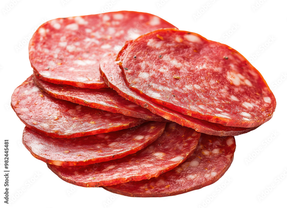 PNG Sliced cured meat arranged on a clean surface PNG Sliced cured meat arranged on a clean surface
