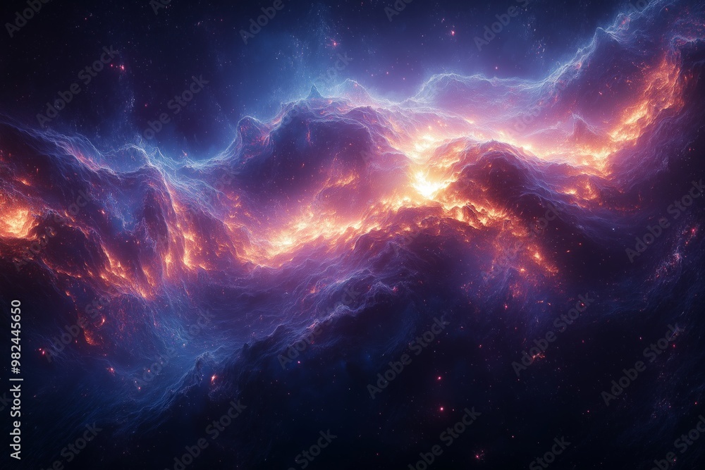 Stellar clouds swirl in a radiant dance of blue and orange in the night sky Stellar clouds swirl in a radiant dance of blue and orange in the night sky