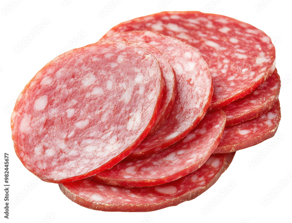 PNG Slices of salami displayed on a white background PNG Slices of salami displayed on a white background