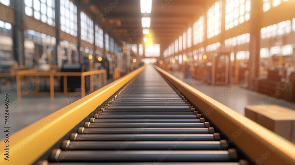 Conveyor belt with high-tech machinery in a spotless factory, automated processes, shiny metallic surfaces, natural light pouring in through large windows Conveyor belt with high-tech machinery in a spotless factory, automated processes, shiny metallic surfaces, natural light pouring in through large windows