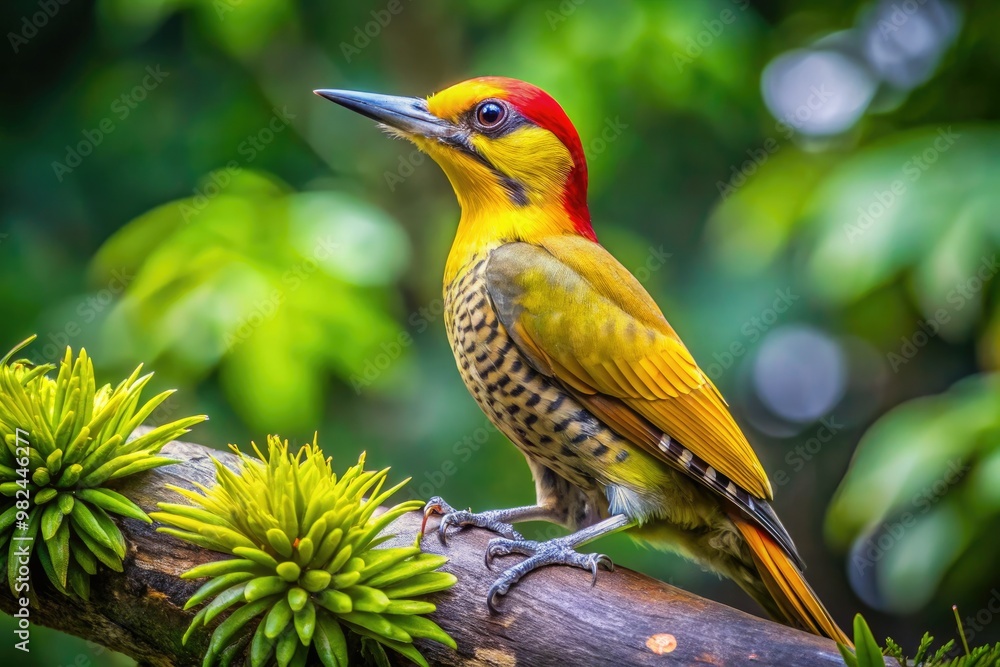 A vibrant yellow woodpecker rests on a sturdy branch, surrounded by lush green foliage, awaiting its next adventure in the forest canopy. A vibrant yellow woodpecker rests on a sturdy branch, surrounded by lush green foliage, awaiting its next adventure in the forest canopy.