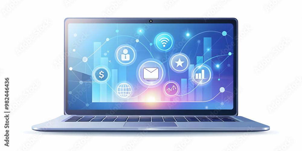 Flat Holographic Laptop on Glossy Surface with Floating Payment Icons - Modern Tech Business Concept, Large Copy Space for Financial Content Flat Holographic Laptop on Glossy Surface with Floating Payment Icons - Modern Tech Business Concept, Large Copy Space for Financial Content