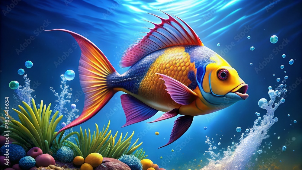 Fototapeta premium Bright blue fins unfold, a vibrant orange fish bursts from the depths, its iridescent scales shimmering as it