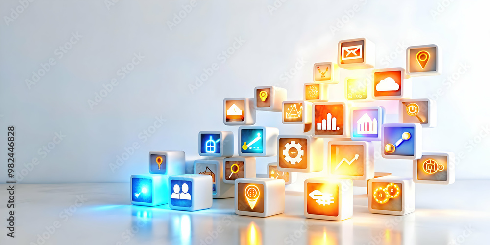 3D Glowing Abstract Digital Art with Floating Business Icons for Modern Marketing Campaigns - Ideal for Retail Ads & Promotions 3D Glowing Abstract Digital Art with Floating Business Icons for Modern Marketing Campaigns - Ideal for Retail Ads & Promotions