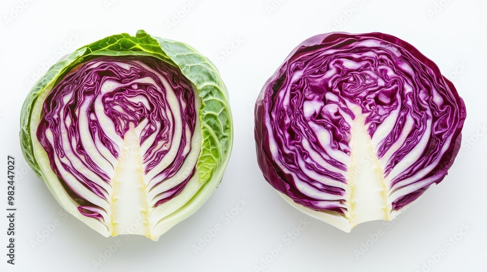 Green and red cabbage halves with vibrant interiors, displayed on white Green and red cabbage halves with vibrant interiors, displayed on white