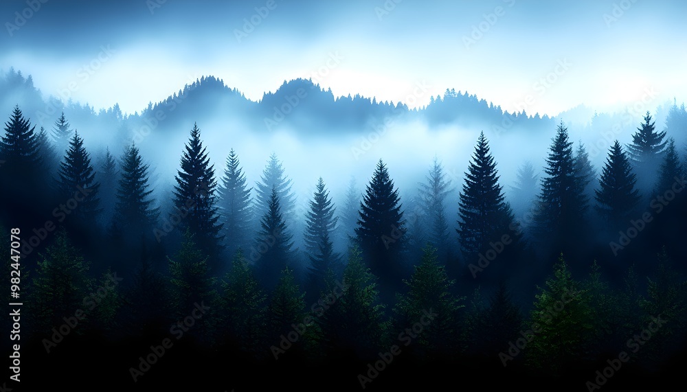 Fototapeta premium Mountain range behind pine trees, dense forest, misty atmosphere, Watercolor style