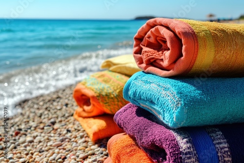 Stack of Colorful Towels on Sandy Beach with Ocean Waves in Background 