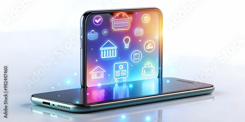 Glossy Smartphone on White Background with Holographic Retail & Business Icons | Mobile Commerce & Brand Marketing Concept Photo Stock photo