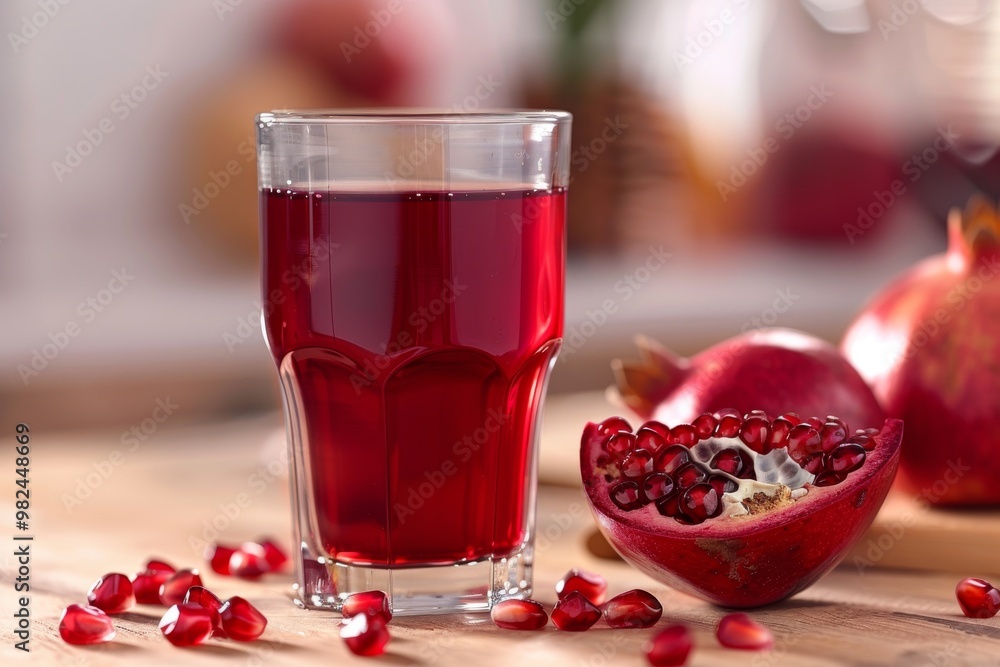 Refreshing pomegranate juice served in a glass with fresh pomegranates and seeds on a wooden table during daylight Refreshing pomegranate juice served in a glass with fresh pomegranates and seeds on a wooden table during daylight