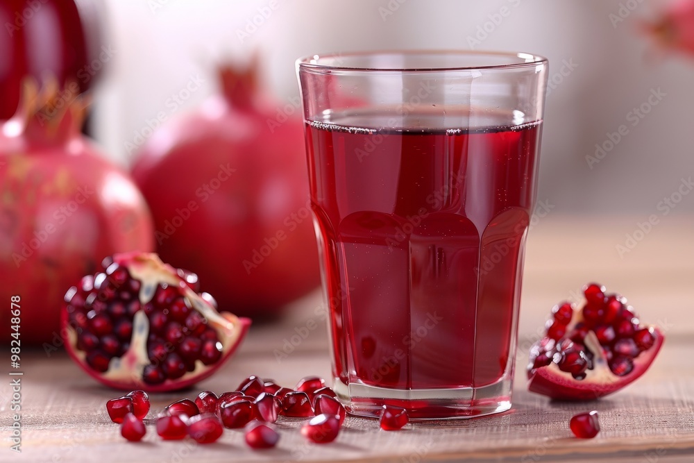 Refreshing glass of pomegranate juice surrounded by fresh pomegranates and seeds on a wooden table Refreshing glass of pomegranate juice surrounded by fresh pomegranates and seeds on a wooden table
