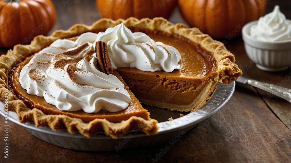 Homemade tasty pumpkin pie with autumn pumpkins on the background for thanksgiving day Homemade tasty pumpkin pie with autumn pumpkins on the background for thanksgiving day