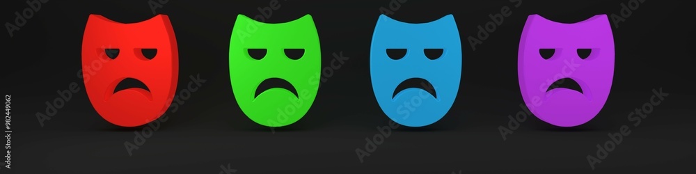 Colorful Drama theatrical mask icon isolated on black background. Minimalism concept. 3D render illustration Colorful Drama theatrical mask icon isolated on black background. Minimalism concept. 3D render illustration