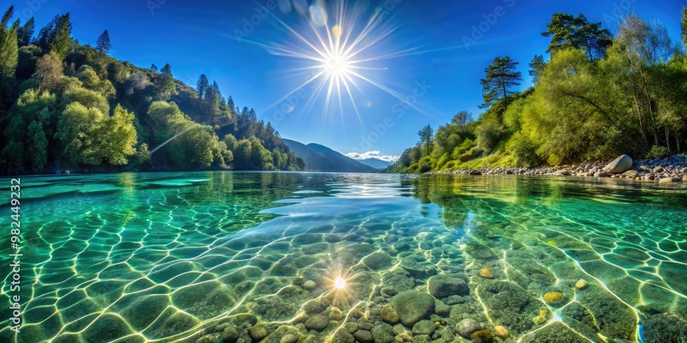 Obraz premium Clear water mirrors the sun's radiant beams, unveiling the secrets within, a mesmerizing dance of light and depth.