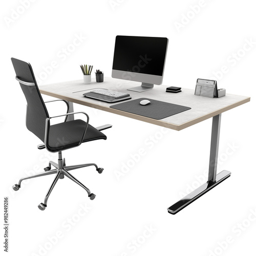Computer desk with a monitor on it, a chair beside it isolated on transparent background