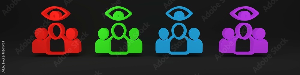 Colorful Spy, agent icon isolated on black background. Spying on people. Minimalism concept. 3D render illustration Colorful Spy, agent icon isolated on black background. Spying on people. Minimalism concept. 3D render illustration
