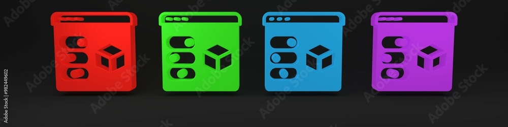 Colorful 3D printer icon isolated on black background. 3d printing. Minimalism concept. 3D render illustration Colorful 3D printer icon isolated on black background. 3d printing. Minimalism concept. 3D render illustration