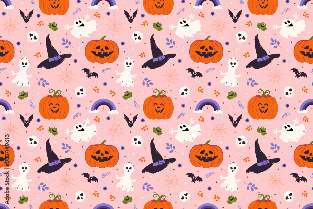 Fototapeta premium Colorful Halloween drawing with ghosts, bat, pumpkins, hat, rainbow, spider web, skull on a pink background.