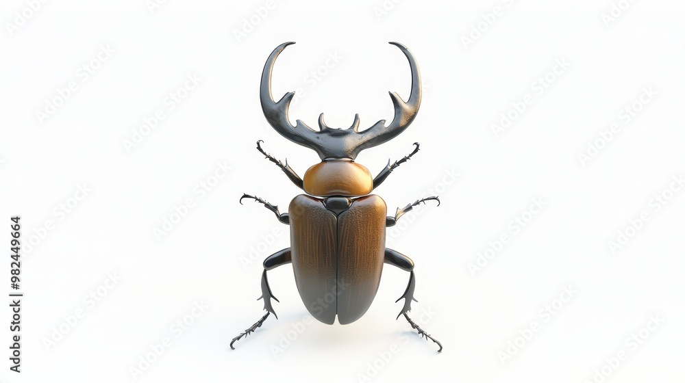 Fototapeta premium Lifelike image of a brown stag beetle with prominent mandibles, standing tall against a white background