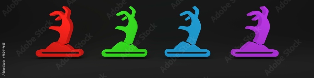 Colorful Zombie hand icon isolated on black background. Arm monster dead. Happy Halloween party. Minimalism concept. 3D render illustration Colorful Zombie hand icon isolated on black background. Arm monster dead. Happy Halloween party. Minimalism concept. 3D render illustration