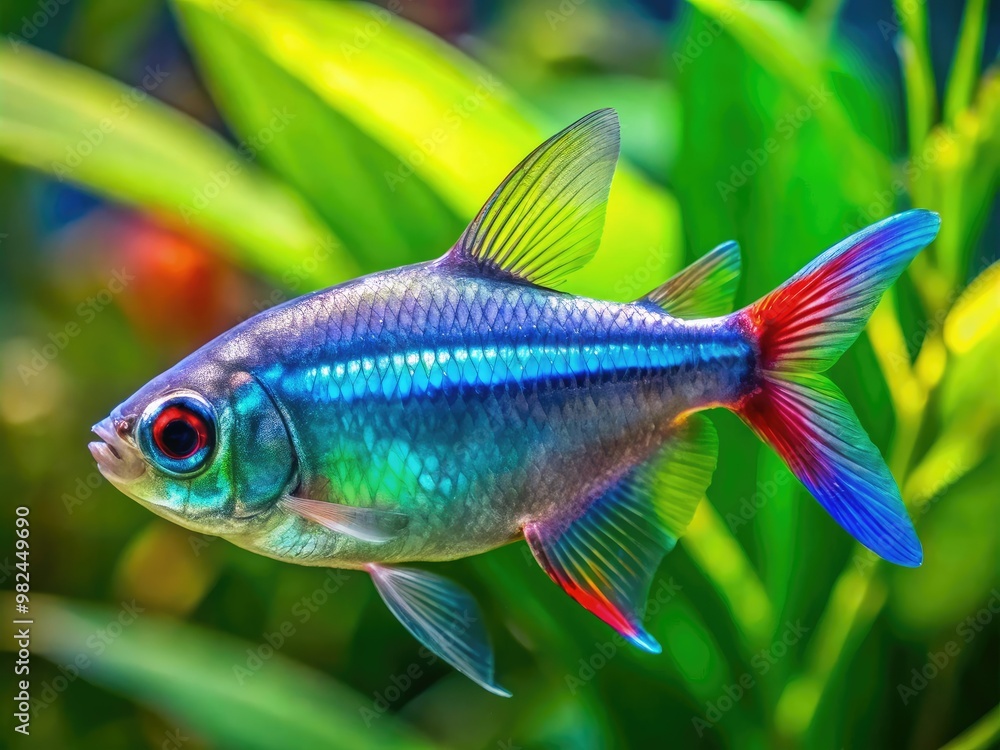 Close-up of a vibrant blue tetra fish with iridescent scales and flowing fins Close-up of a vibrant blue tetra fish with iridescent scales and flowing fins